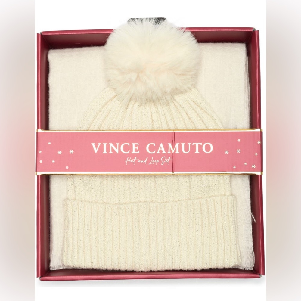 Vince Camuto Scarf and Pom Pom Beanie Set in Ivory Metallic